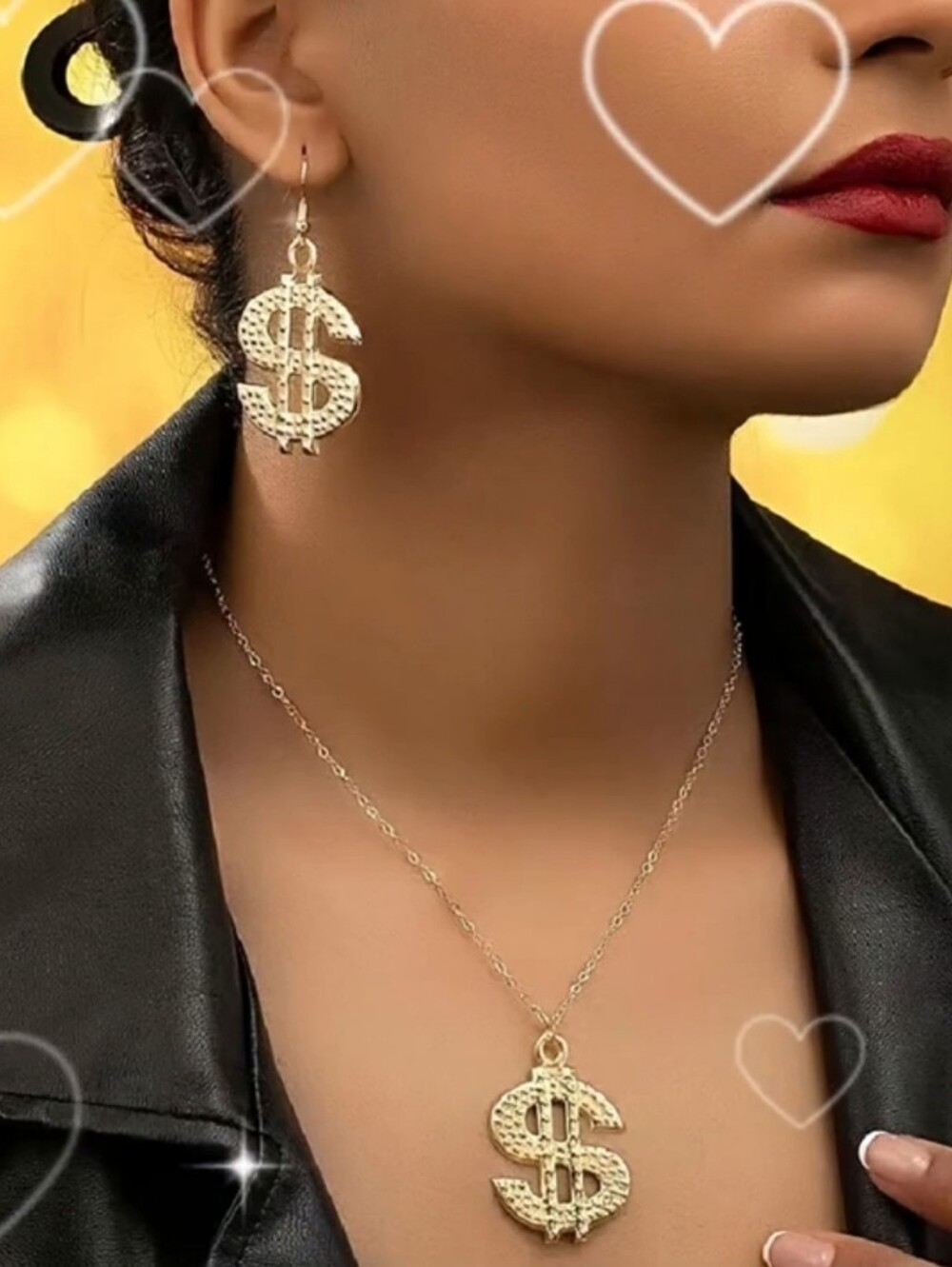 Dollar Sign Gold Color Costume Fashion Necklace Earring Set 16"